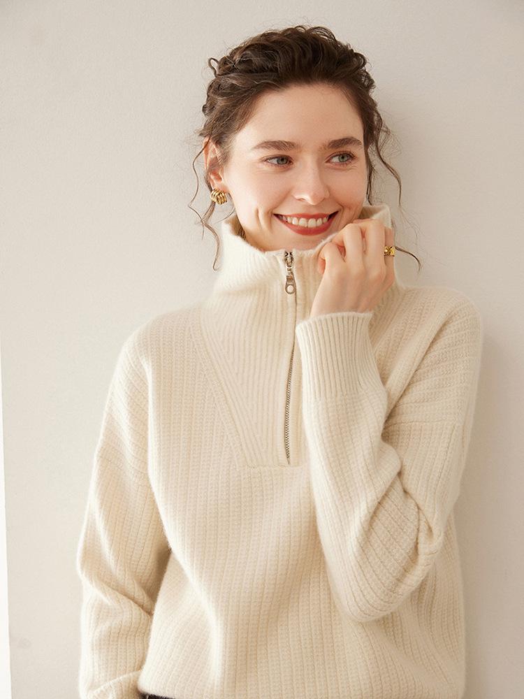 Women's High Neck Pure Cashmere Sweater, Half Zip, Loose Fit, Thickened Knit for Autumn/Winter Fashion.
