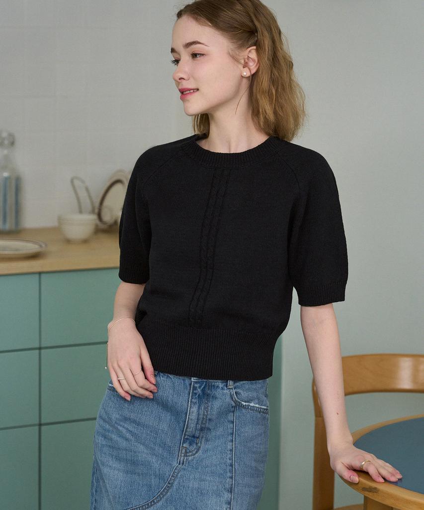 Deuloupisumeon Cable Line Linen Short Sleeve Knit [Sky Blue]