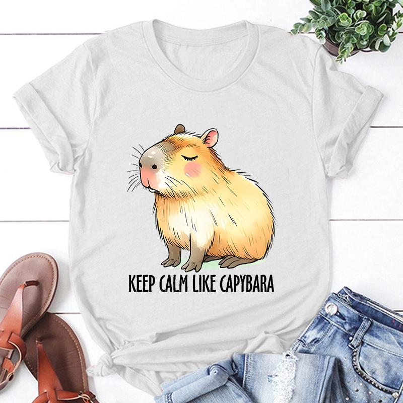 Keep Calm Like Capybara Printed T-Shirts For Women Summer Short Sleeve Tee Shirts Round Neck Casual Summer Unisex Tops