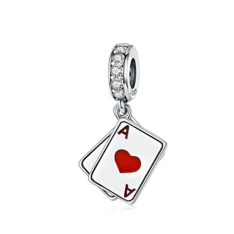 WOSTU Poker Red Heart A Dangle Charm 925 Sterling Silver Dazzling Zircon Beads Fit Original DIY Bracelet Jewelry Making CQC1172