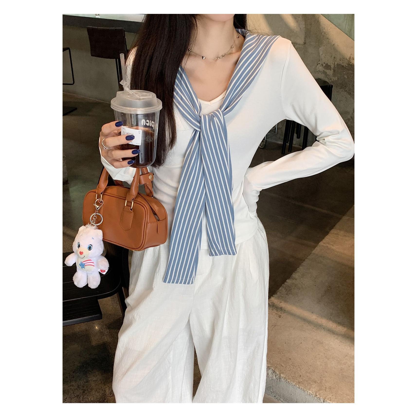 Women s Striped Patchwork Fake Two-Piece Long-Sleeve Mandarin Collar T-Shirt L белый