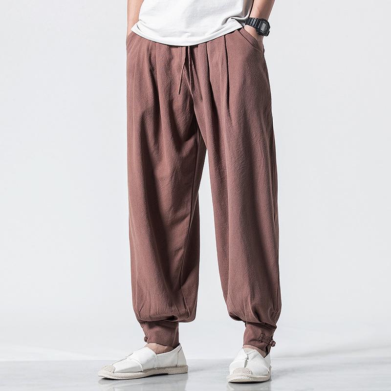 Loose Cotton-Linen Monk Pants with Hem - Lay Buddhist Meditation Wear for Spring and Summer