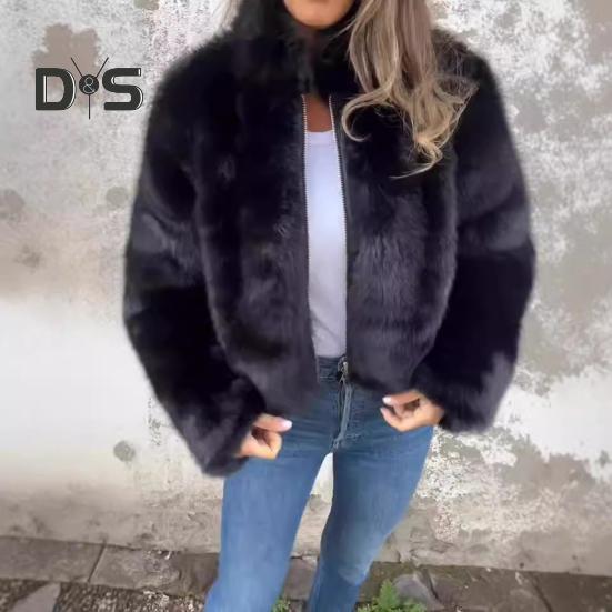 Jachetă de iarnă pentru femei, groasă de blană artificială, reținere a căldurii, guler înalt, culoare solidă, mâneci lungi, stil de lux, acasă, petrecere, birou, club, haină de vacanță