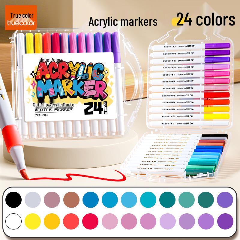 True Color Soft Tip Acrylic Markers & Drawing Brushes for Kids, Non-Bleeding, Stackable Colors, Black Box Colored Pencils