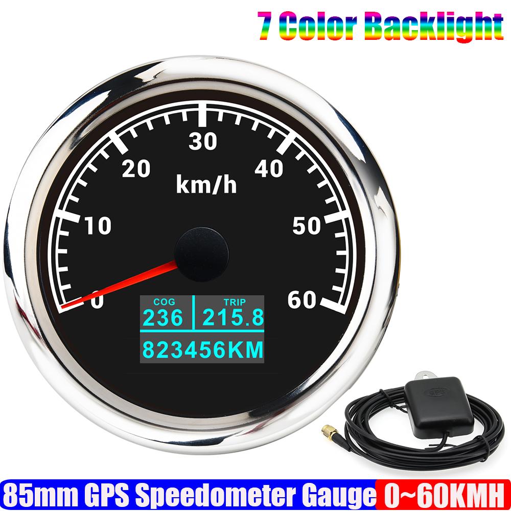 7 Color LED Auto Car 85mm GPS Speedometer Gauge with GPS Antenna 30KMH,60KMH,120KMH,200KMH Marine Boat Yacht COG TRIP Odometer