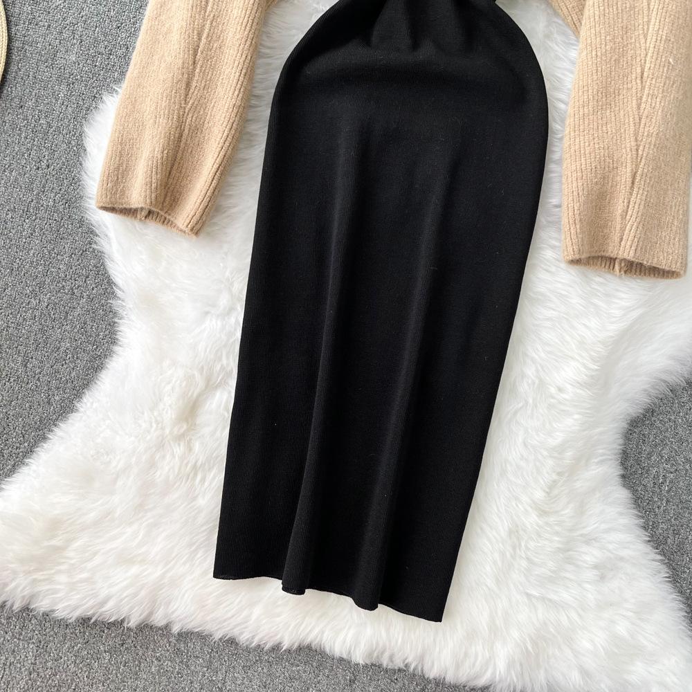 Fashion Suit Skirt Women's Casual Round Neck Half-cut Knitted Blouse Top Two-piece Set Korean Version Temperament Suspender Dress