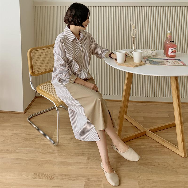 Spring and Autumn Korean Style Loose Casual Long Sleeve Striped Shirt Dress Women's Long Style Slim Dress