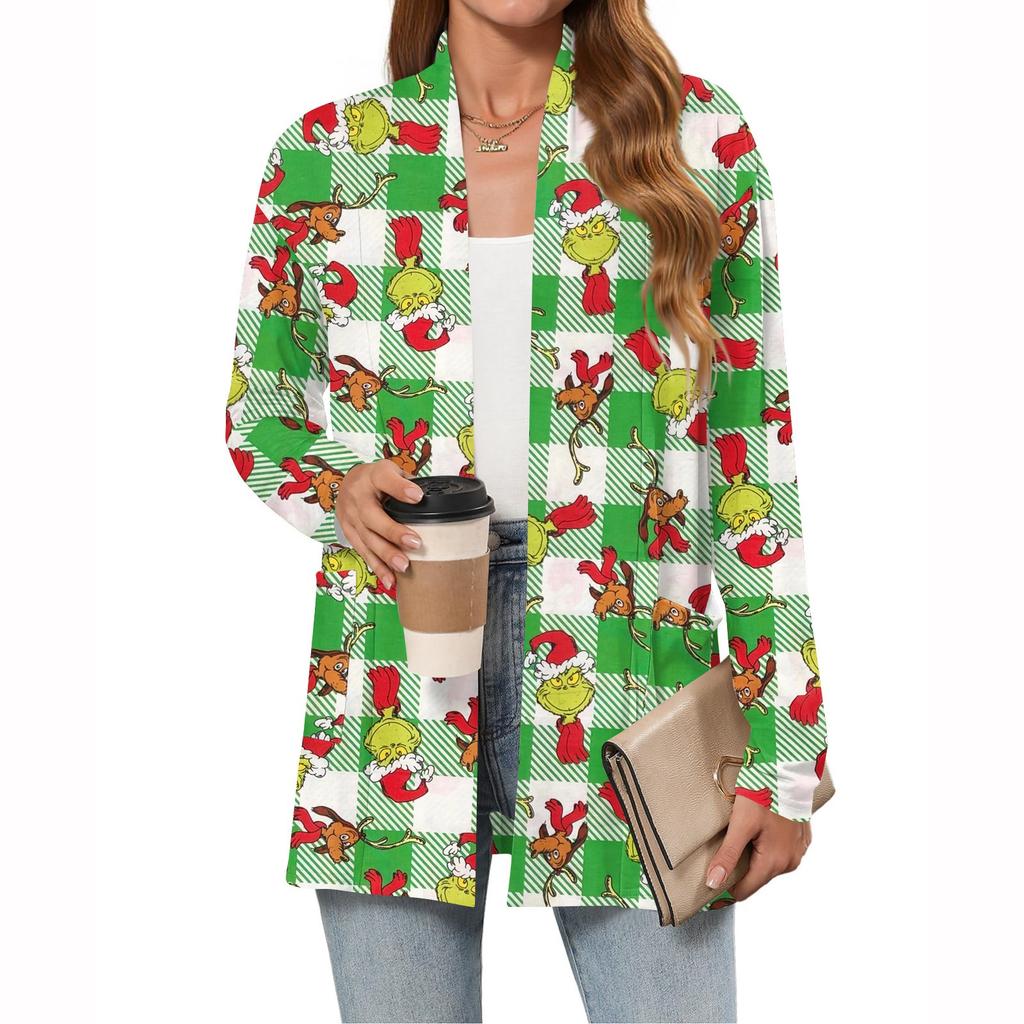 Women's Christmas Printed Lightweight Cardigan Long Sleeved Casual Loose Thin Fit With Pockets Cardigan Jacket