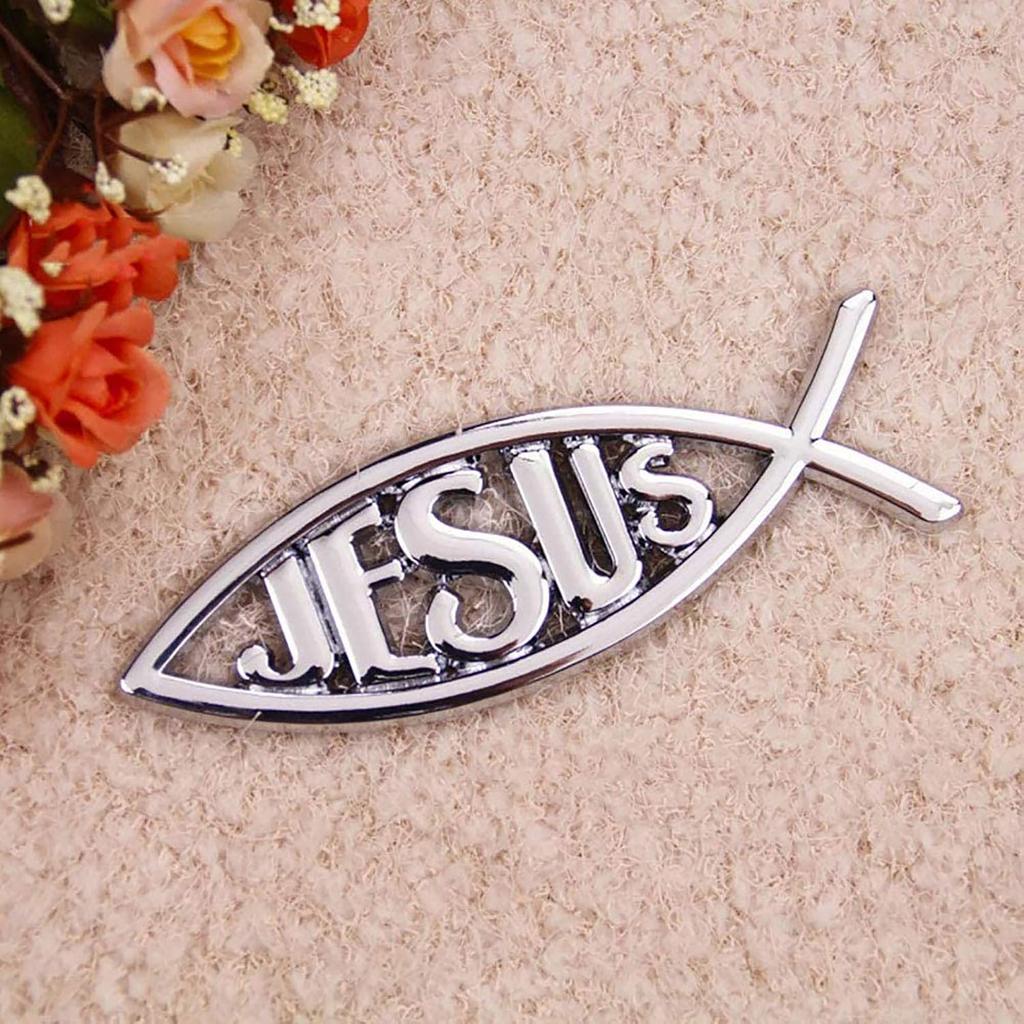 MEETCUTE 2pcs Jesus Fish Decal Sticker Silver,3D Car Chrome Decal Emblem Sticker Religious God for Jesus Christian Fish Symbol