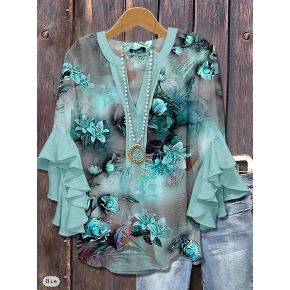 Large Women's Bohemian V-neck Shirt with Ruffle Sleeves, Grey Brown Floral Print Top, Casual Breathable Machine Washable Pullover