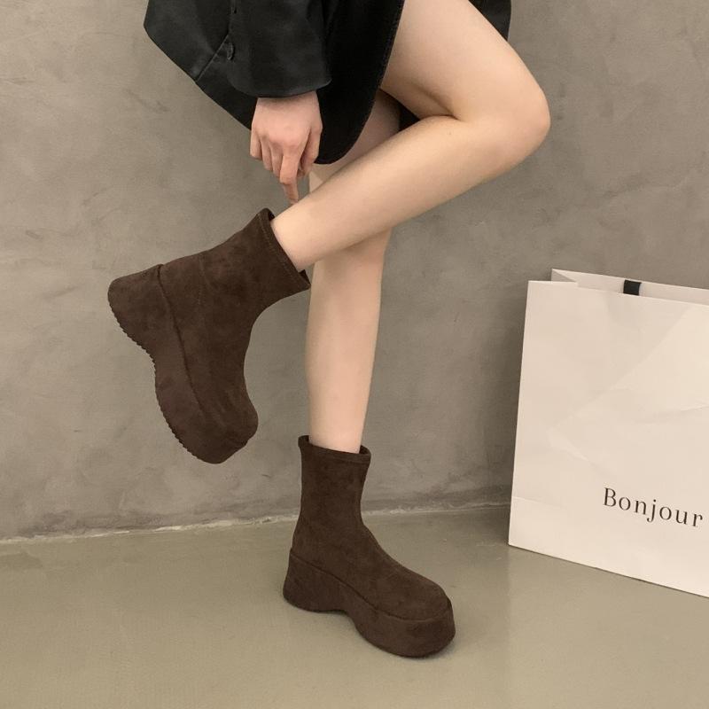 European station women's shoes 25 autumn classic fashion soft elastic fleece round head heightening light thick sole sleeve low boots