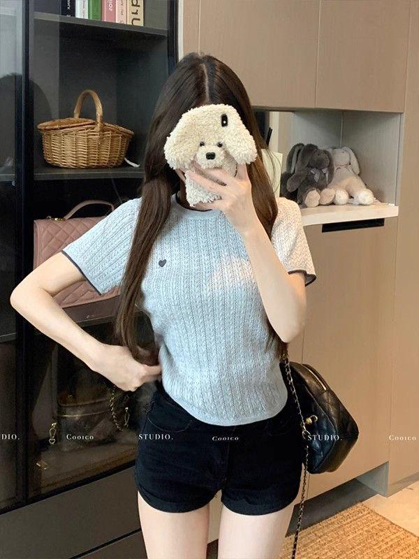Chic Summer Heart Design Ice Silk Knitted T-shirt - Women's Short Sleeve Color Block Top