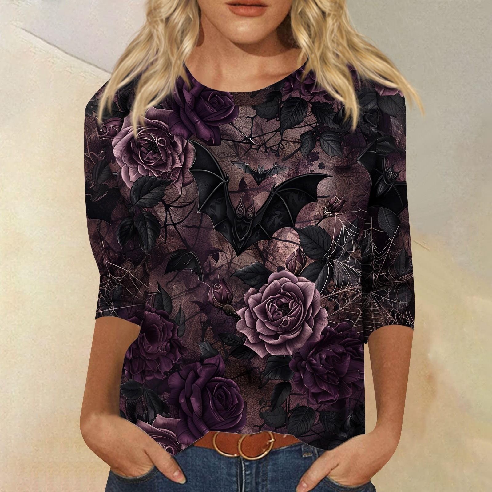 

Женские топы Рубашка с рукавом три четверти V-образный вырез Свободная повседневная рубашка Футболка с принтом XXXL