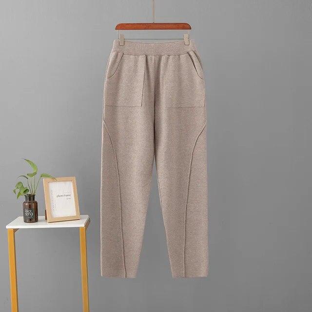 

Осень-зима 2024, вязаные брюки с высокой талией, женские прямые однотонные теплые вязаные брюки с эластичной резинкой на талии One Size хаки