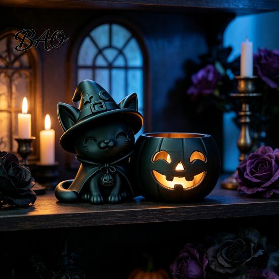 Halloween Tischdeko für Innen, Schwarze Katze Kürbis Kerzenständer, 3D Gedruckte Hexe Kerzenhalter Spukige Heimdekoration mit Teelichtbecher, Tischdekoration