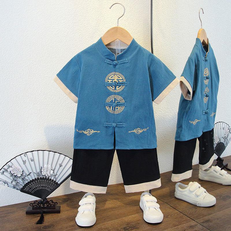 Completo Estivo da Ragazzo a Maniche Corte Stile Cinese per Bambini Hanbok Bello Completo Tang Cotone Lino Sezione Sottile di Abbigliamento Antico
