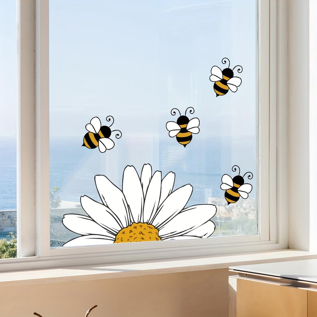 Adorable Bee & Sunflower Watercolor Window Cling - Removable PVC Decal for Bedroom, Living Room, Kitchen