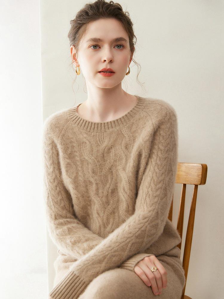 Women's 5-Needle Cable Knit Cashmere Sweater - Thickened 3-Ply, Round Neck, Long-Sleeve Pullover with Velvet Center & Wool.