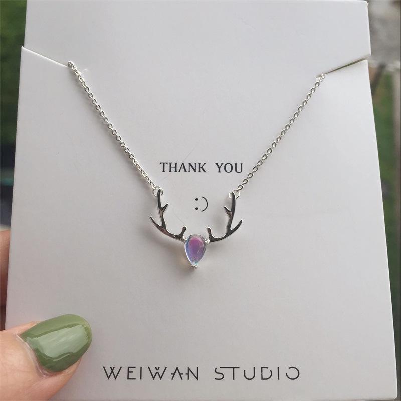 Buntes Mondstein Geweih Halsband: S925 Silber, Mori-Stil, Hirsch-Design, Perfektes Weihnachtsgeschenk