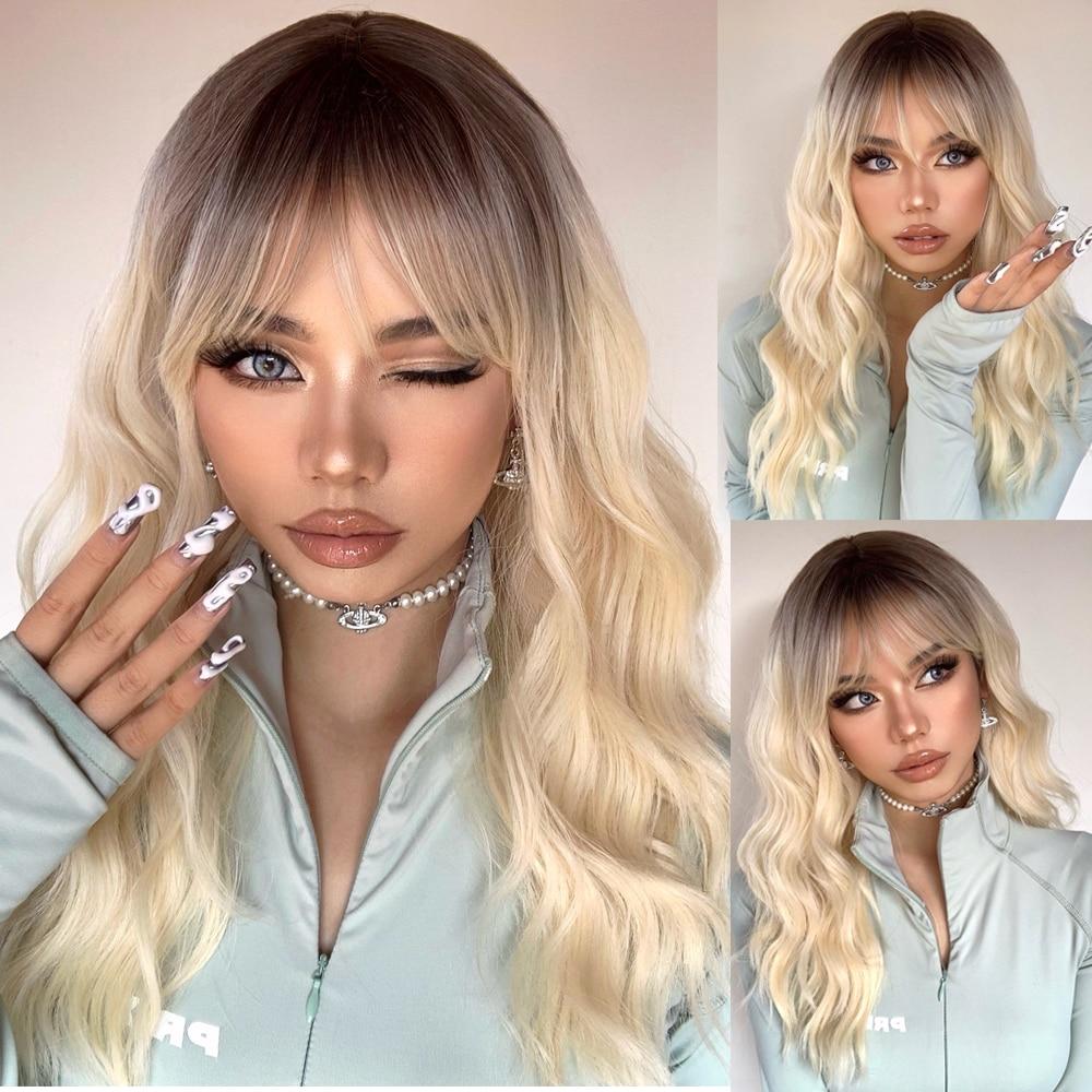 ALAN EATON Medium Long Water Wave Ombre Brown Blonde Synthetic Wigs Natural Middle Part Heat Resistant Hair Wigs for Black Women
