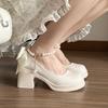 Fashion Silk Bowknot Chunky Heel Pumps Women Patent Leather High Heeled Mary Jane Shoes Woman Elegant Pearls Chain Party Princess Shoes