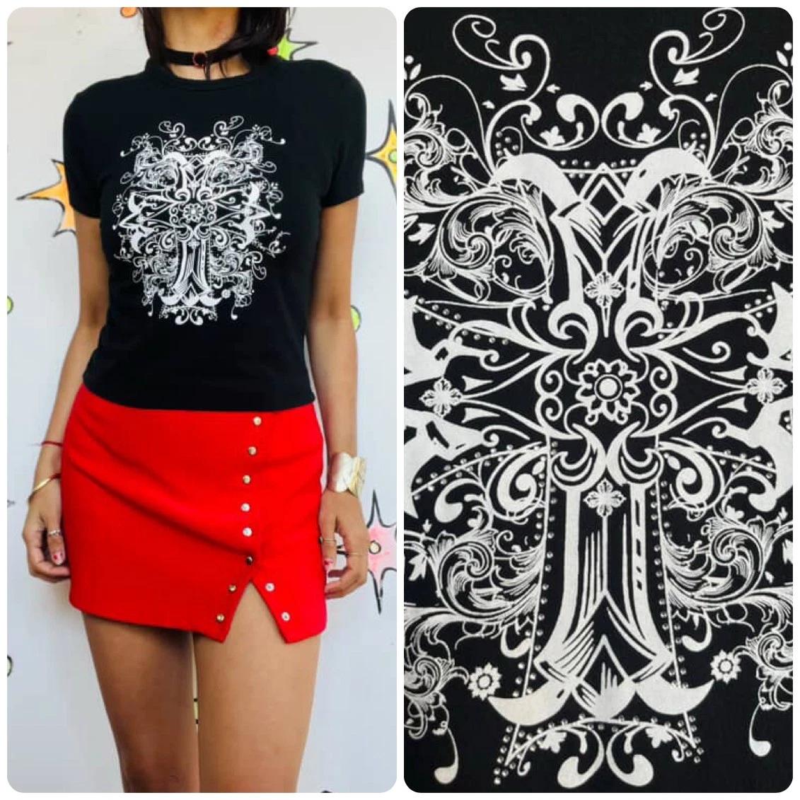 

Vintage Y2K | Goth Grunge Fairy Tattoo Print Cross Baby Tee T Shirt | Small 3XL
