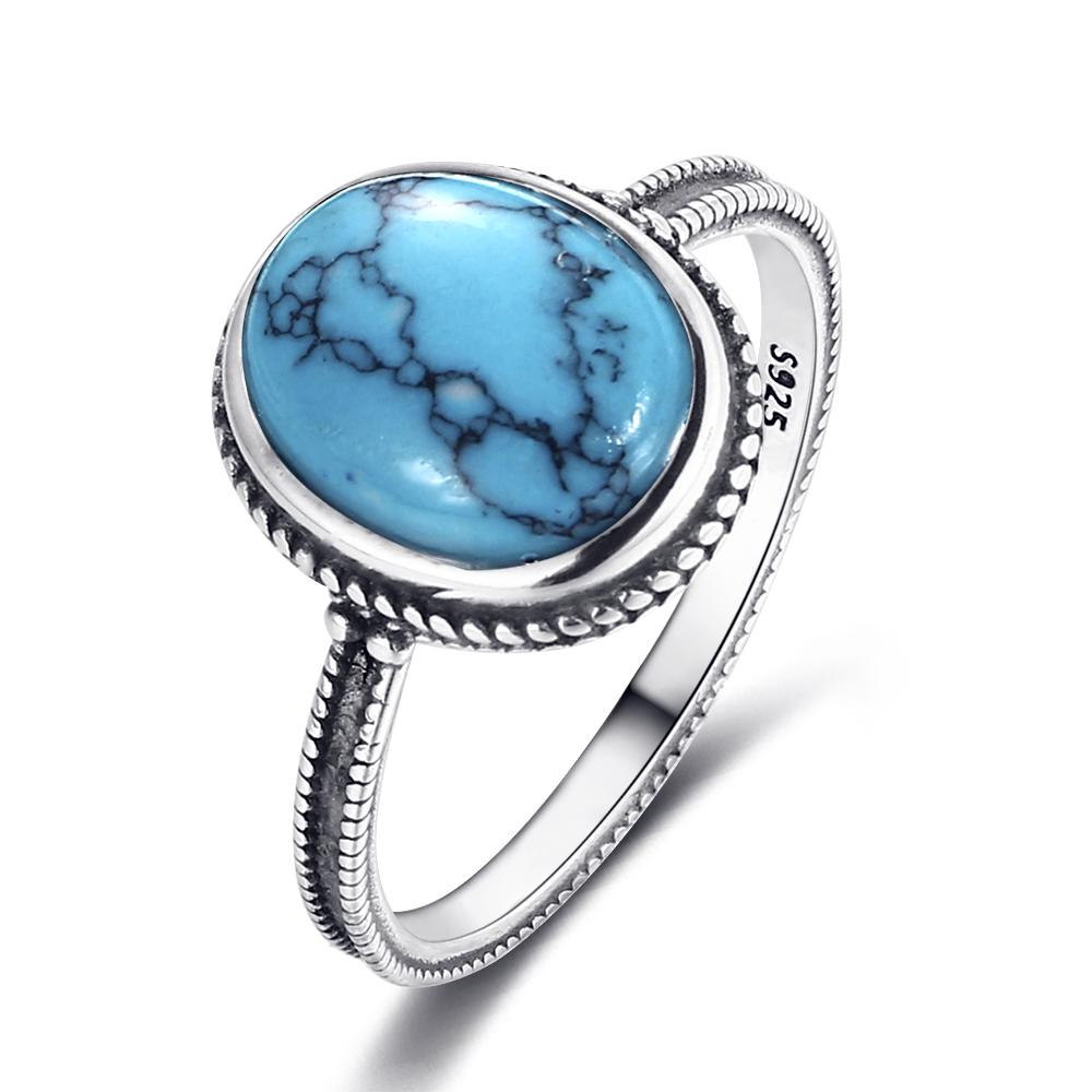 S925 Silver Oval Natural Turquoise Ring for Men and Women