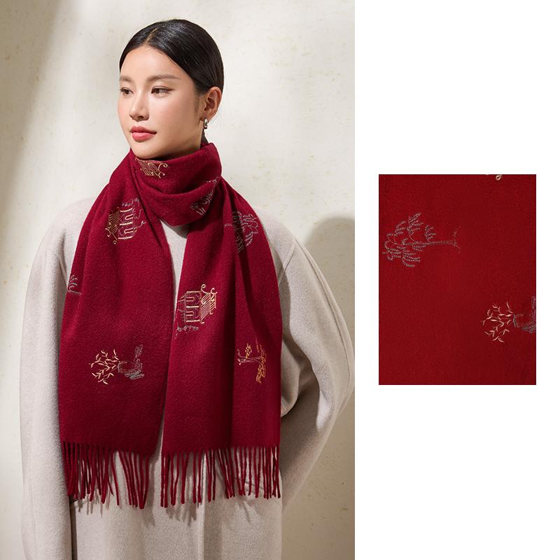 100% Wollschals Damen Winterschals Wickel Grauer Pashmina Warmer Chinesischer Suzhou-Stickerei Roter Schal Echarpe Femme 180X30cm