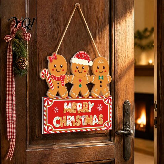 Christmas Gingerbread Man Sign Wooden Hanging for Front Door, Merry Decorative Wood Plaque with Lanyard, Holiday Wall Decoration Home Party