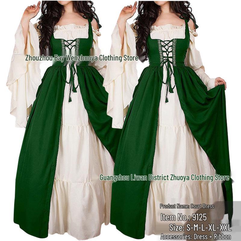 

2019 Европейское средневековое платье с открытыми плечами, шнуровкой на талии, рукавами «летучая мышь» и полной юбкой для женщин Large зелёный