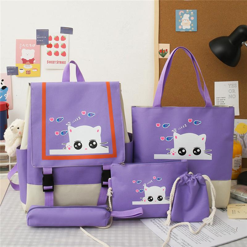 School Bag Academy's New Three Four Five Six Primary School Students Five-piece Backpack Cute Cat Print Middle School Student Schoolbag