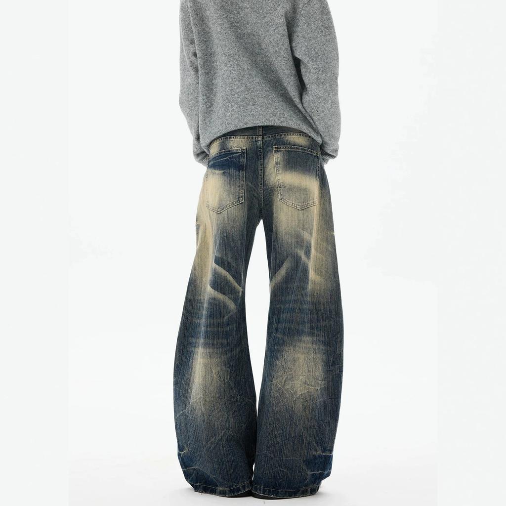 American retro lightning pattern dirty dyed cat whisker jeans men's and women's niche washed silhouette thin scimitar pants