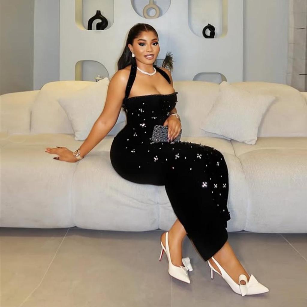 C7480 Fashion Women's Halter Rhinestone Beaded Bodycon Dress - Europe & America Style