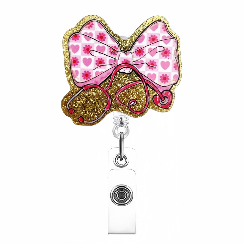 Bow Cherry Acrylic Badge Holder Sparkling Powder Medical Theme Retractable Pull Badge Reel Id Lanyard Name Tag Card Badge Holder