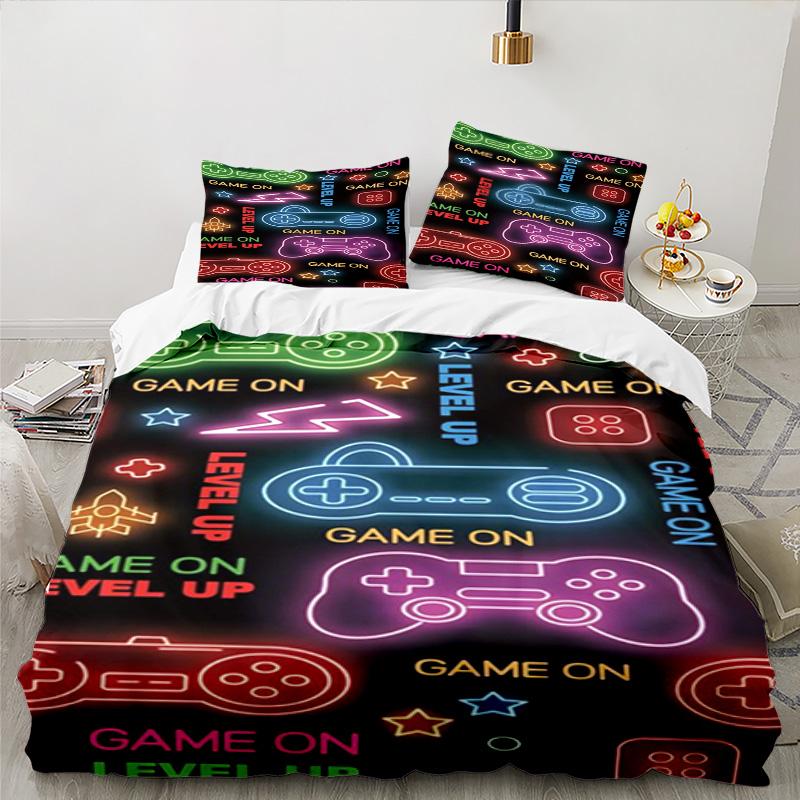 Neon Game Over Art 3PCS Bedding set,Ideal for 1pc Duvet Cover And 2pcs Pillowcases Perfect for Fan gift,Ideal for Bedroom, Dormitory