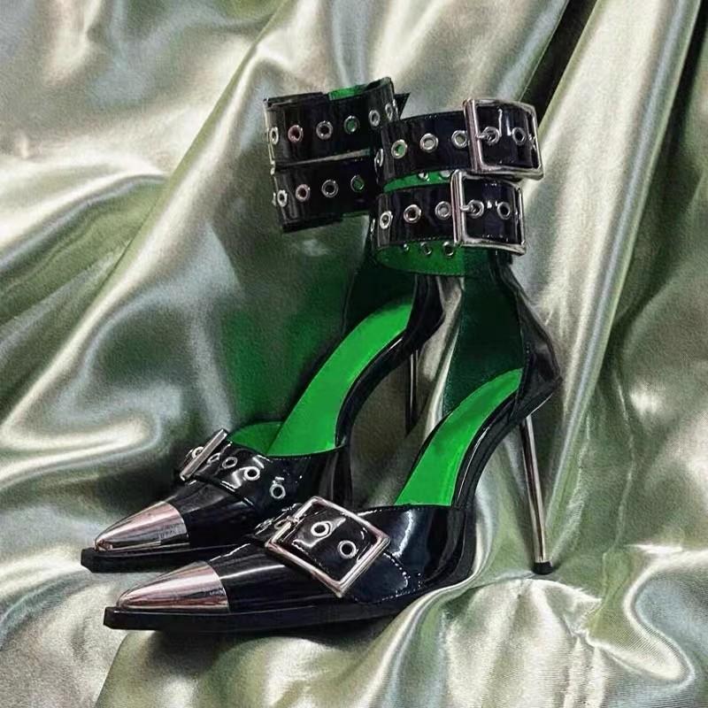 Fashion High Heels Spring Anti-collision Metal Pointed Head Shallow Mouth Rivets Metal Buckle Cover Foot Non-slip Sandals