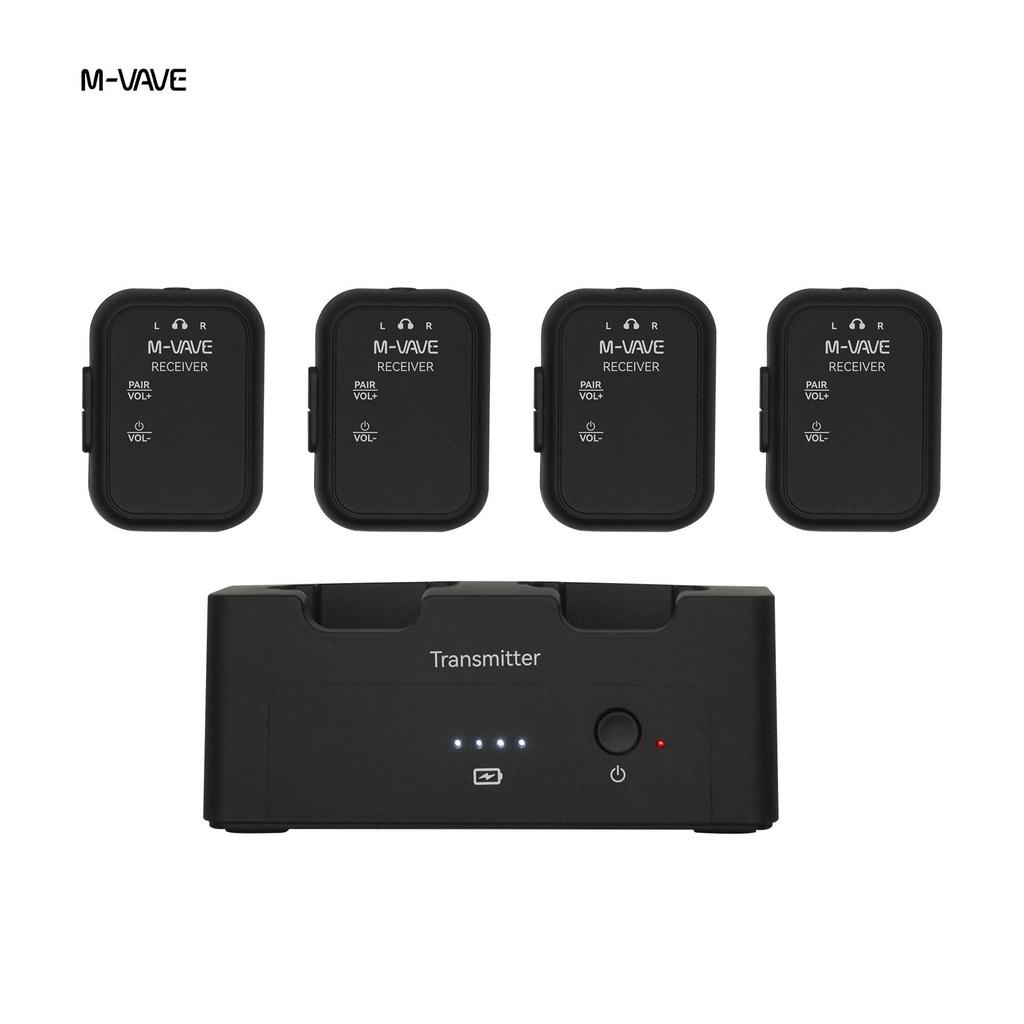 Portable Wireless In-Ear Monitor System with Charging Case, One-to-Two Transmitter and Receiver.