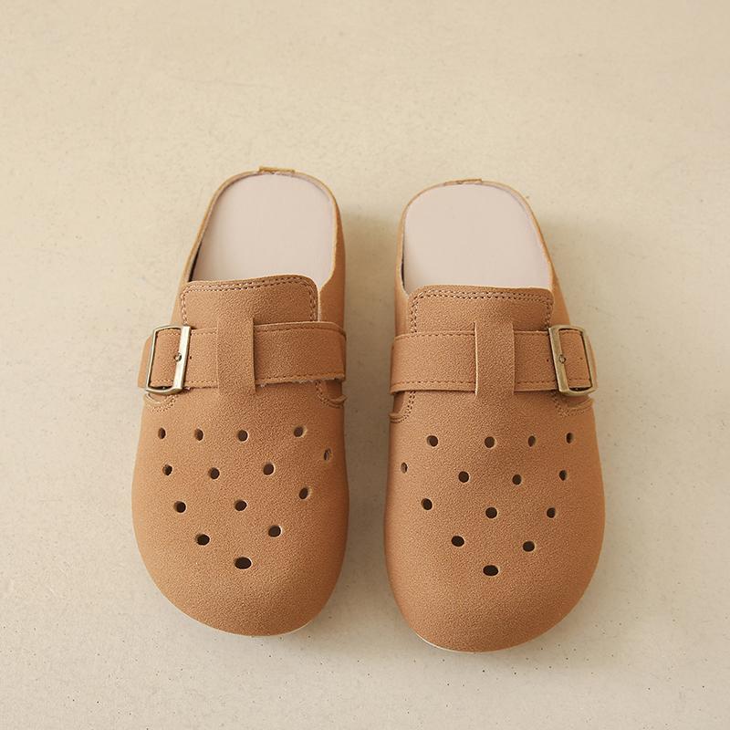 Fashion Women's Suede Clog Slippers with Buckle Breathable Boken Fashion Footwear Anti-Slip Soft Sole Outdoor Casual Mules