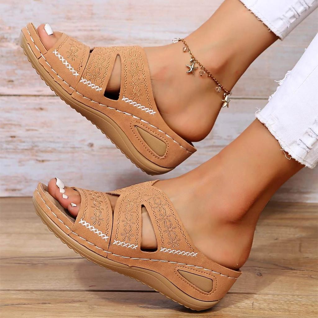 Women Wedge Slippers Premium Orthopedic Sandals Floral Embroidery Summer Open Toe Vintage Slippers Casual Platform Shoes Slides