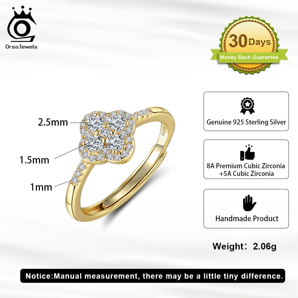 ORSA JEWELS Sparkling 925 Silver Clover Open Ring With 8A Premium Cubic Zirconia Jewelry for Women Luxury Gift LZR43