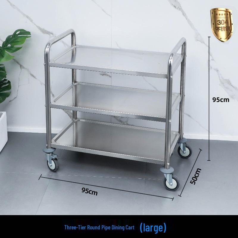 Three-tier Stainless Steel Service Cart: Meal, Food, Beverage, and Dish Collection Trolley for Restaurants and Hotels.