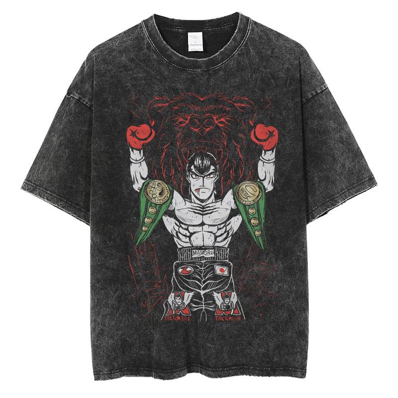 Anime Hajime No Ippo Makunouchi Vintage Washed Tshirt Takamura KGB T Shirts Kamogawa Boxing Gym Tshirt Men Manga Retro Tshirts