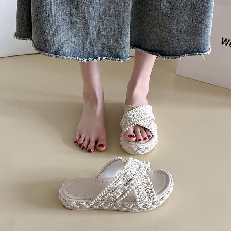 Summer straw fisherman shoes women's cross fashion wear thick-soled cool slippers one-word beach slippers