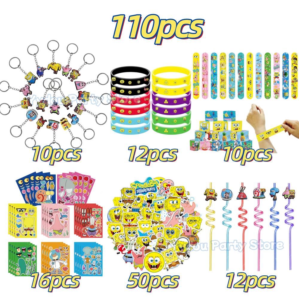 Cartoon Sponge-Bobs Party Favors Bracelet Keychain Stickers Goody Bags Fillers Carnival Prizes Kids Party Gift Birthday Supplies 5