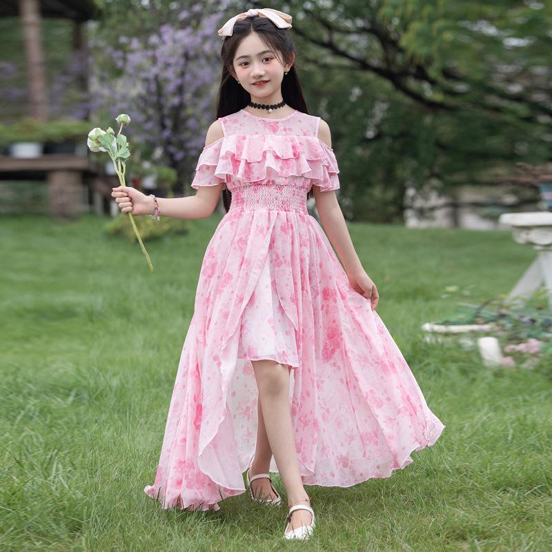 Girls Summer Chiffon Princess Dress - Floral Beach Skirt 150cm