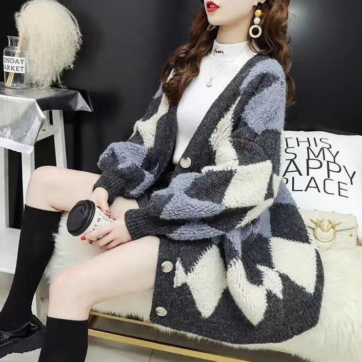 WTEMPO Korean Version Sweater Cardigan Women's Loose Top Thick Knit Sweater