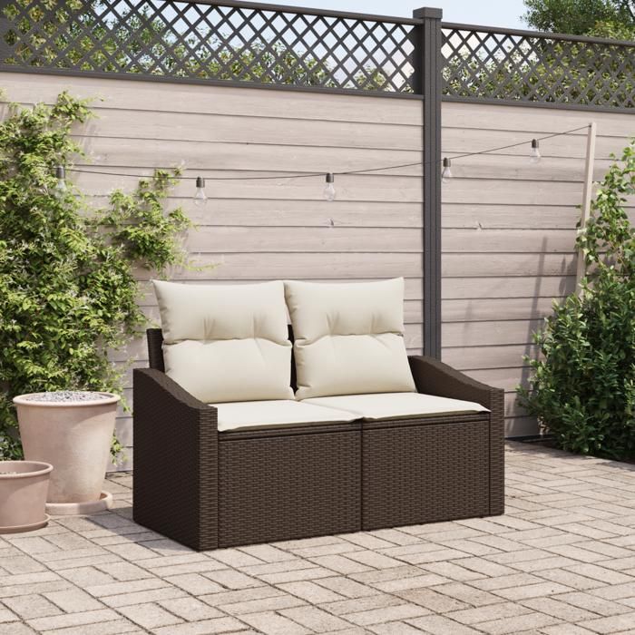 Canapé de jardin 2 places avec rangement et coussins en poly rotin marron 42006783
