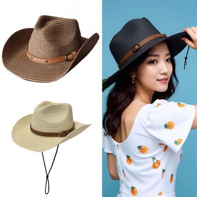 Paper Straw Sun Hat with Windproof Chin Cord Foldable Roll Brim Beach Vacation Hat For Women Daily Sun Blocking Headwear
