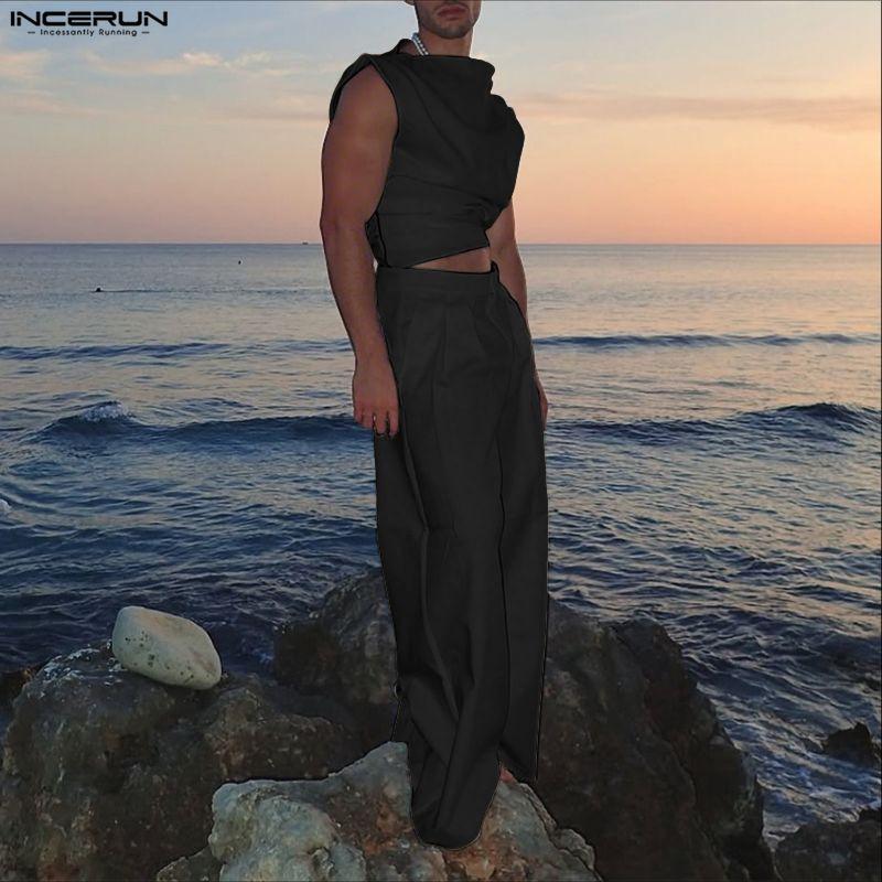 INCERUN Men Two Pieces Sleeveless Ruffled Tank Tops and Trousers Casual Pants Sets Outfits
