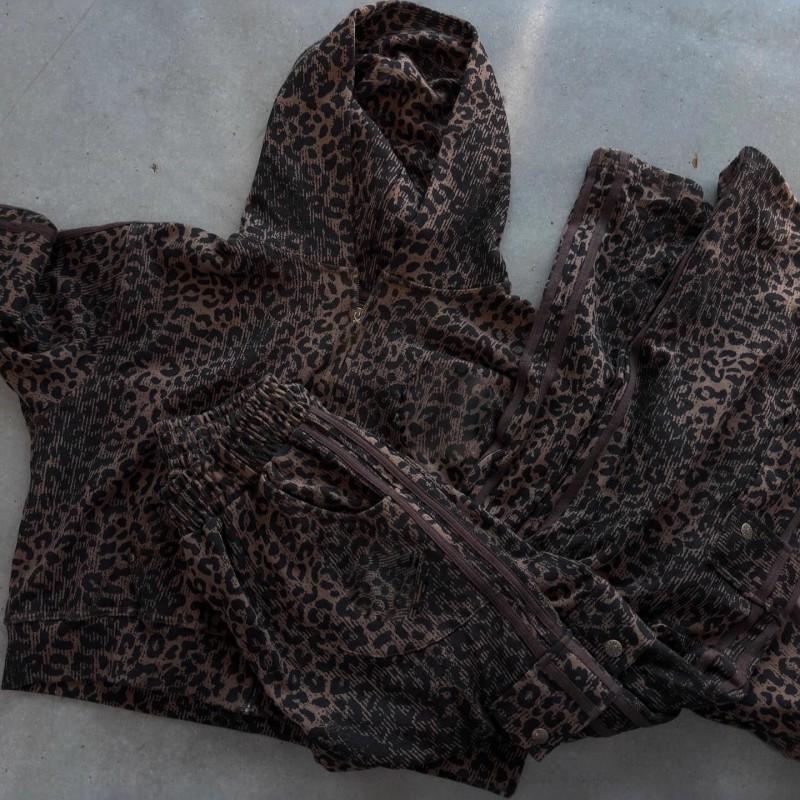 Felpa con cappuccio e zip larga vintage da uomo, stampa leopardata, streetwear casual